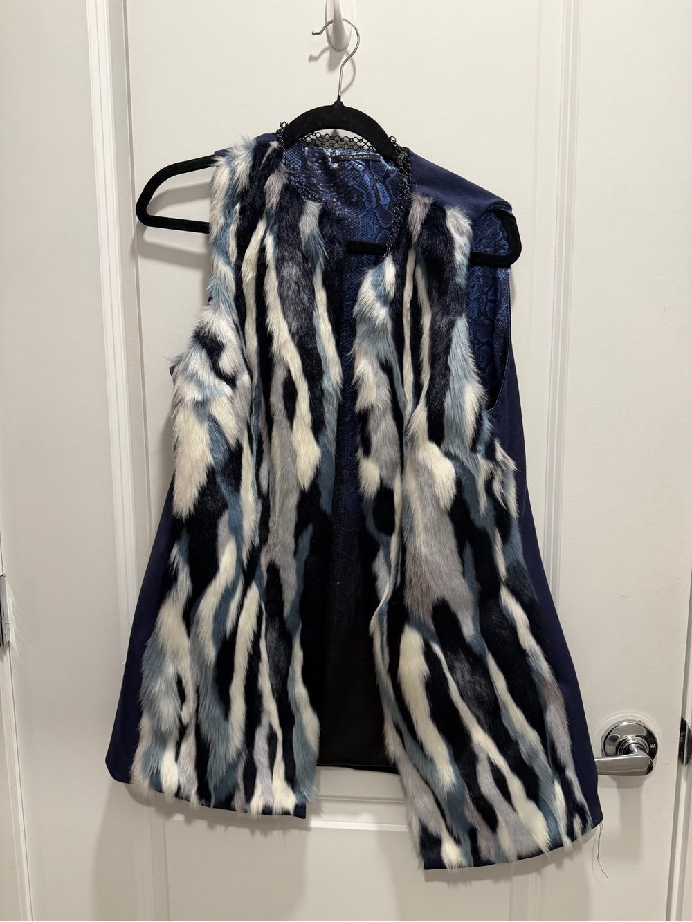 T Tahari Navy and White Faux Fur Stripe Vest